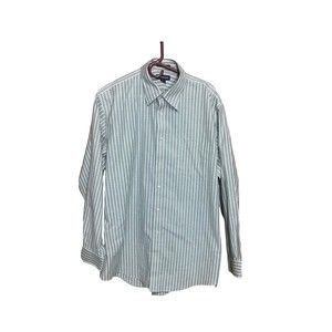 Lands End No iron Oxford Green And White Striped Button Down Shirt Big and Tall